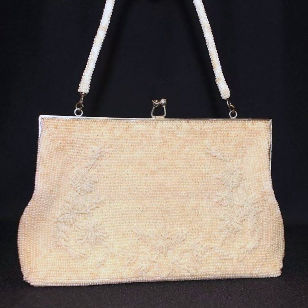 Vintage 40's 50's Ivory Floral Beaded Evening Bag Clutch Silk Lined Theater